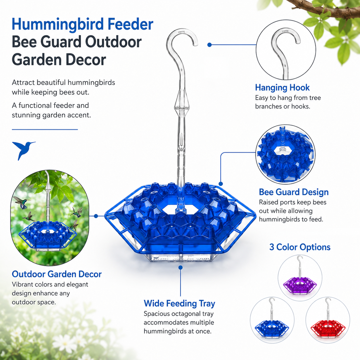 Hummingbird Feeder with Bee Guard for Outdoor Garden Decor