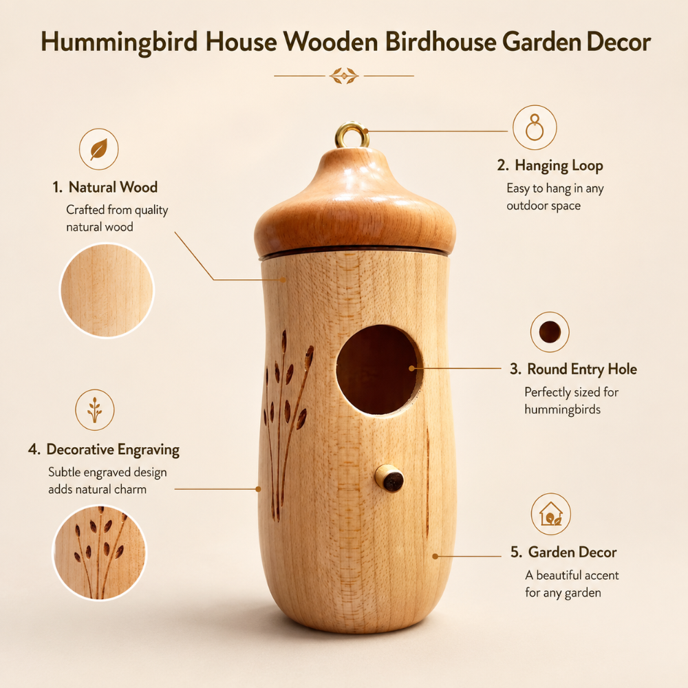 Handcrafted Wooden Hummingbird House — Garden Birdhouse Decor