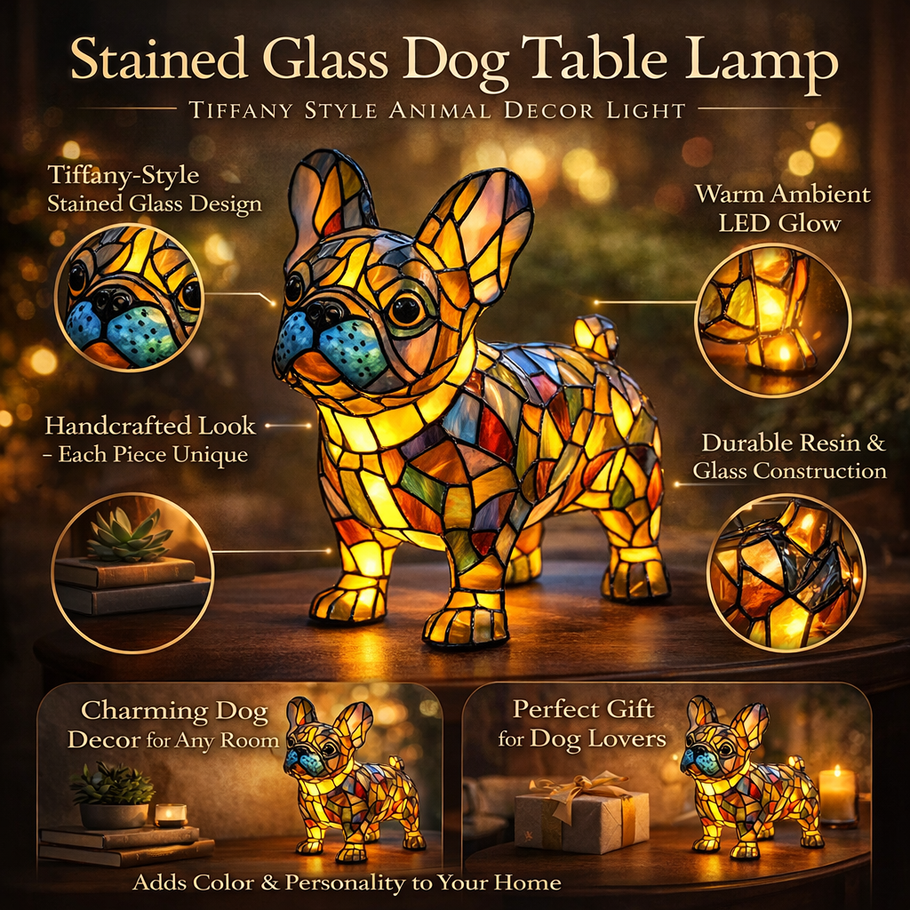 Table Lamp Colorful Stained Glass Dog LED Decorative Night Light