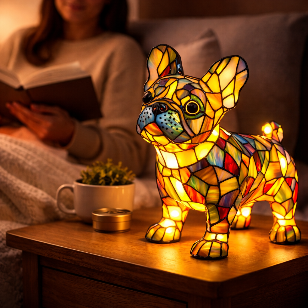 Table Lamp Colorful Stained Glass Dog LED Decorative Night Light