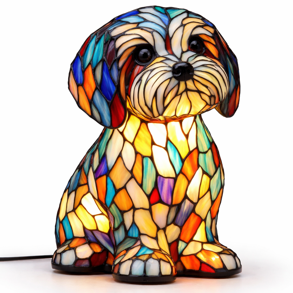 Table Lamp Colorful Stained Glass Dog LED Decorative Night Light