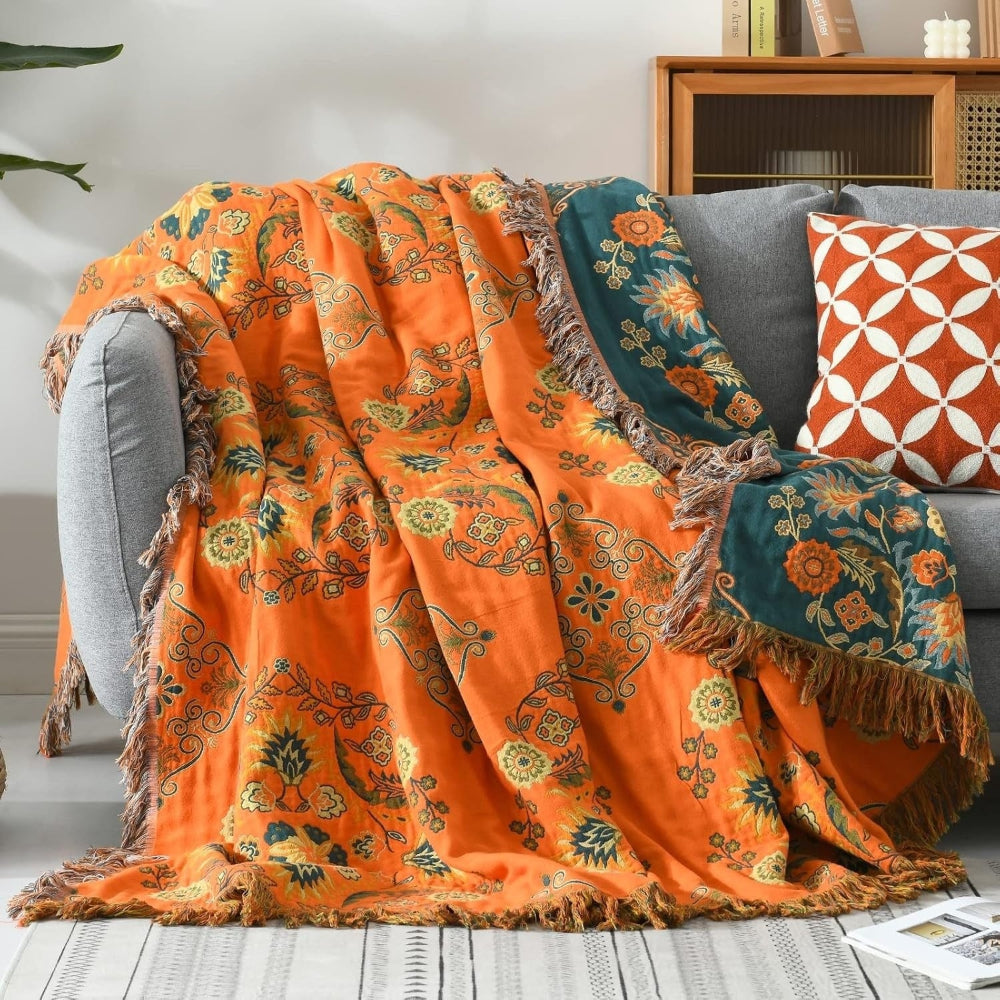 Luxurious Cotton Throw Blanket - Reversible with Elegant Decorative Fringe
