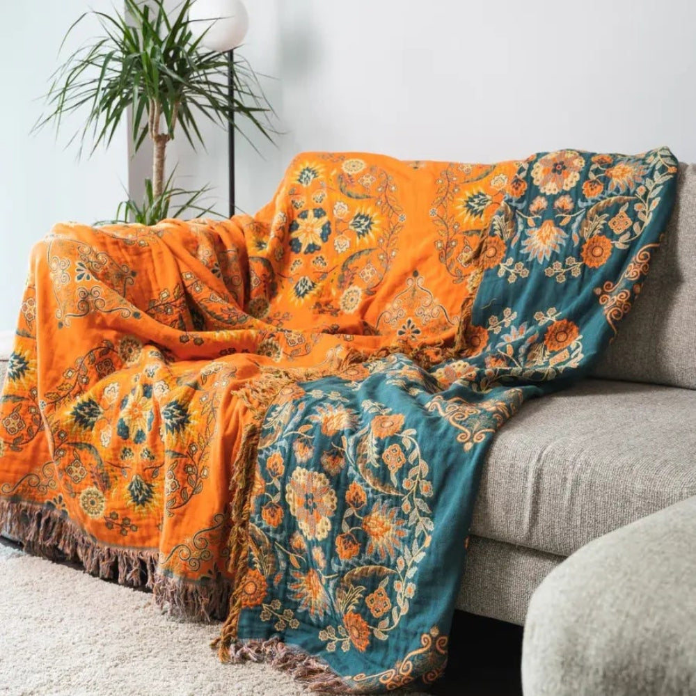 Luxurious Cotton Throw Blanket - Reversible with Elegant Decorative Fringe
