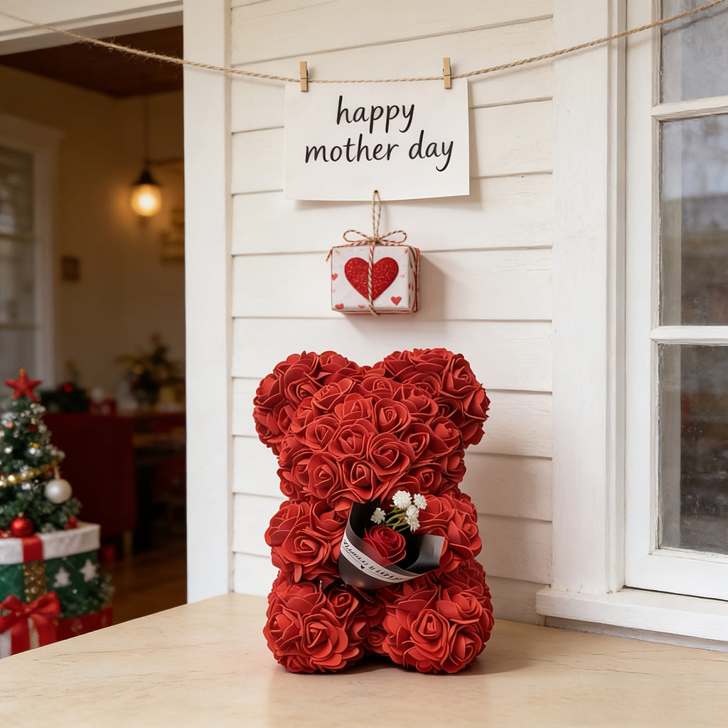 Mothers Day Rose Bear Gift Artificial Flower Teddy Bear Decor