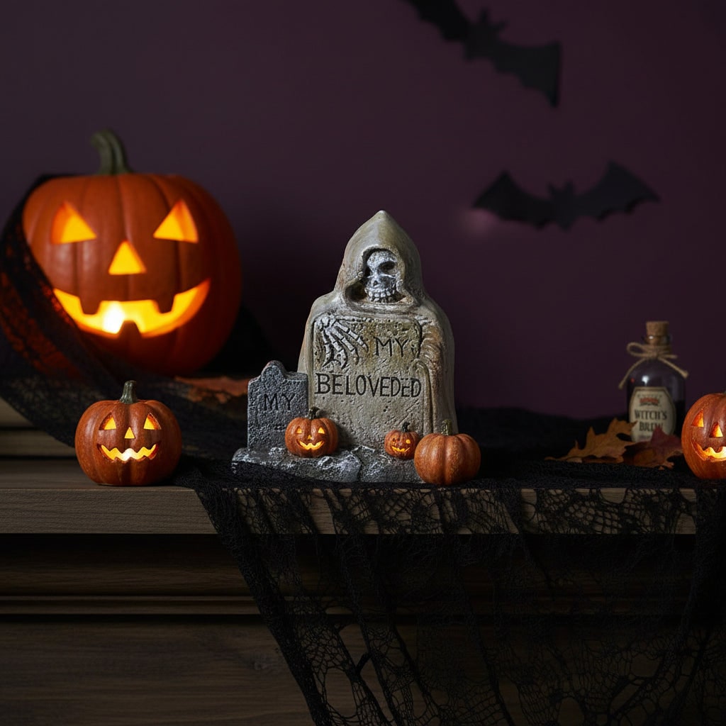 Halloween Table Decor Set: Grave Stone Prop & Spooky Accessories