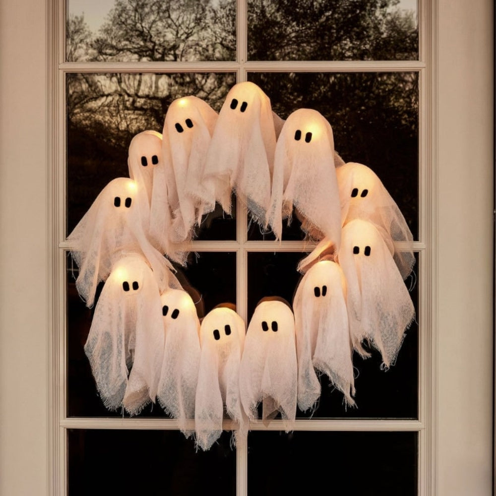 LED-Lit Ghost Wreath for Halloween Decoration - Spooky Haunted Home Decor