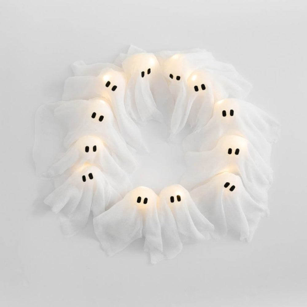 LED-Lit Ghost Wreath for Halloween Decoration - Spooky Haunted Home Decor