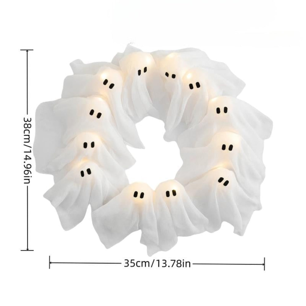 LED-Lit Ghost Wreath for Halloween Decoration - Spooky Haunted Home Decor