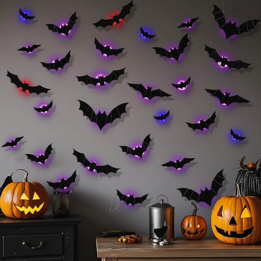 Spooky Halloween LED Bat Lights Wall Art - Illuminated Bat Decor Display