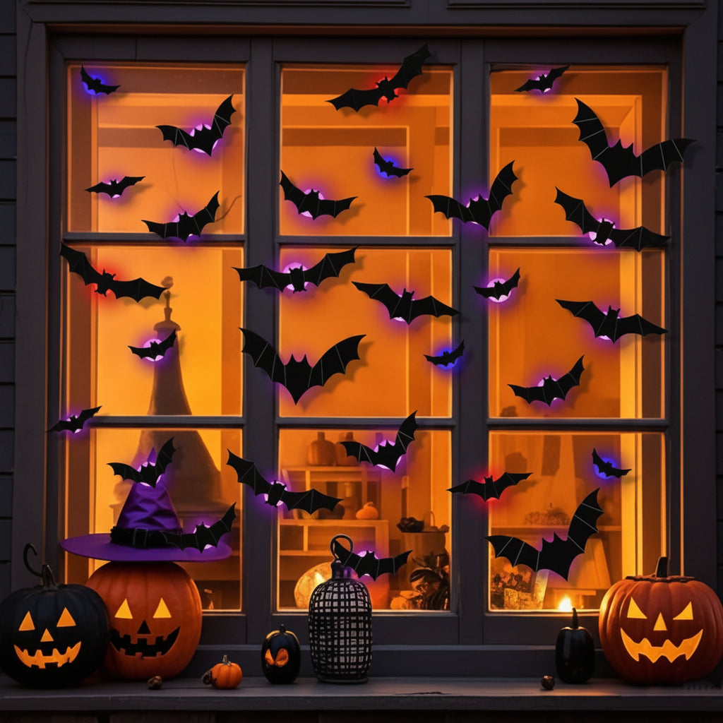 Spooky Halloween LED Bat Lights Wall Art - Illuminated Bat Decor Display