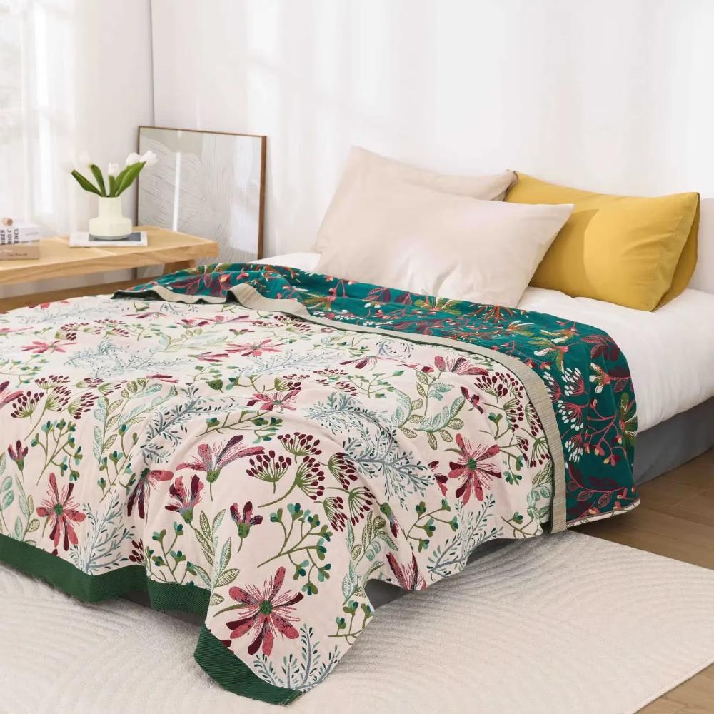 Cozy Cotton Throw Blanket with Plush Fluff and Decorative Floral Design
