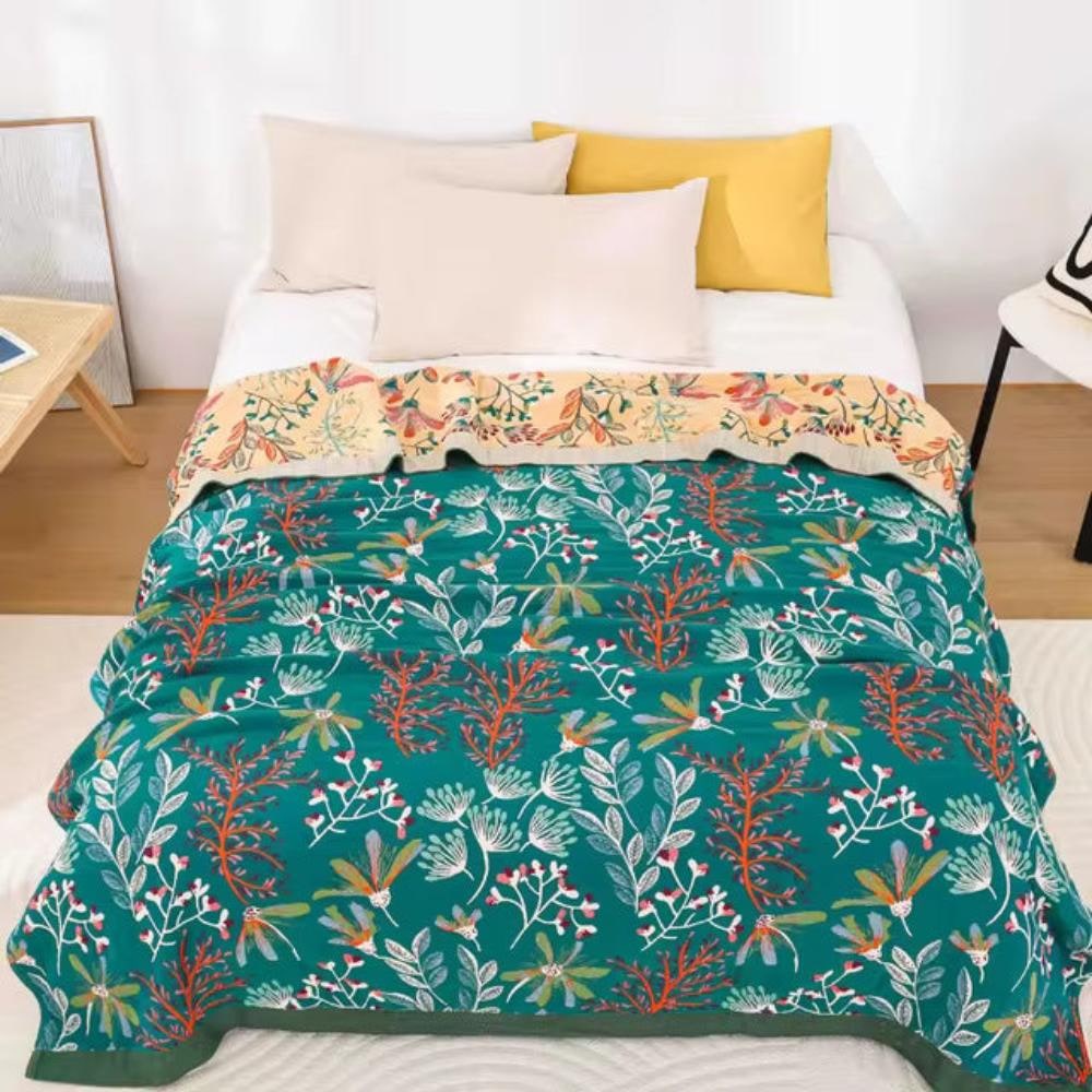 Cozy Cotton Throw Blanket with Plush Fluff and Decorative Floral Design