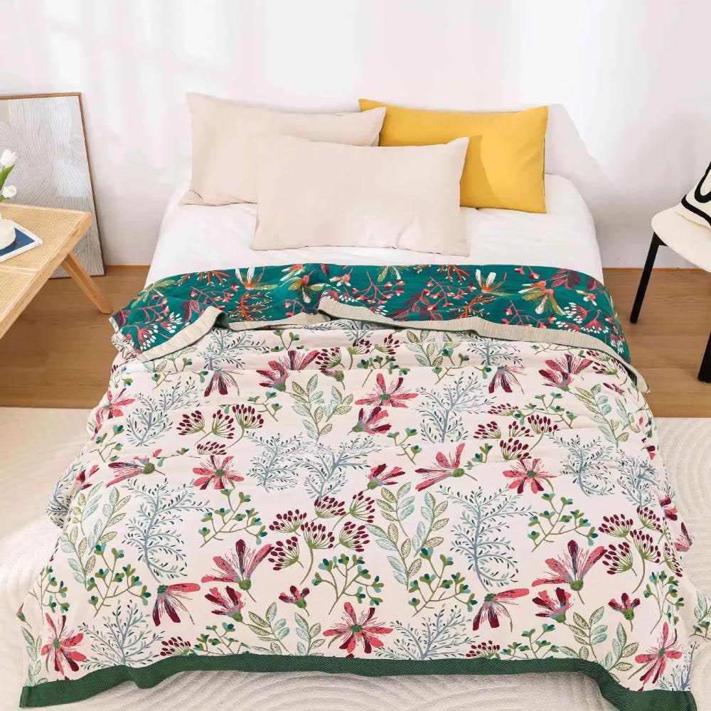 Cozy Cotton Throw Blanket with Plush Fluff and Decorative Floral Design