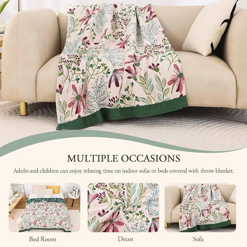 Cozy Cotton Throw Blanket with Plush Fluff and Decorative Floral Design
